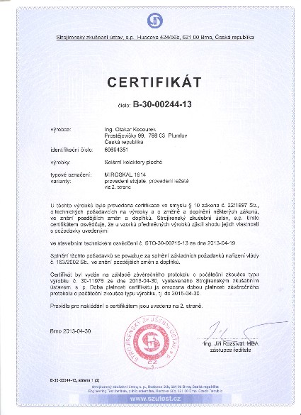 Certifikát SZÚ Brno